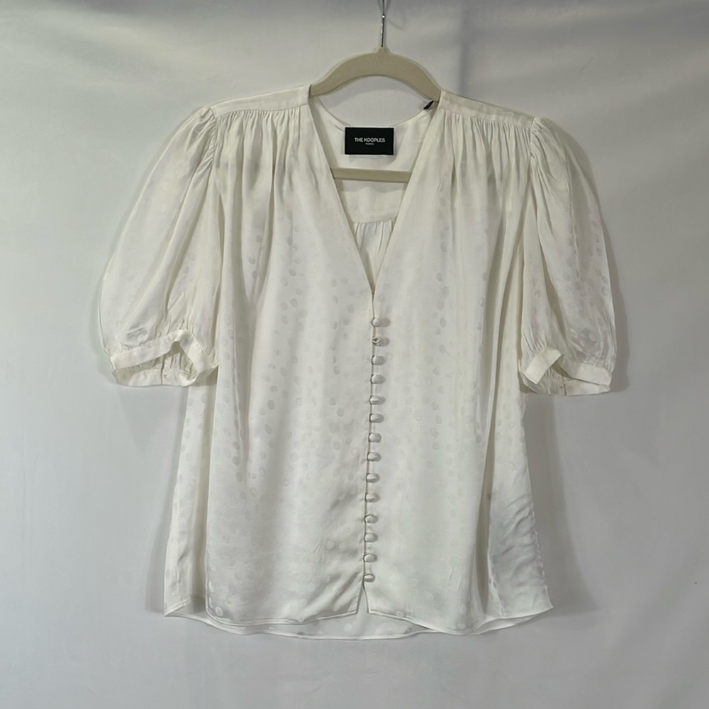 The Kooples Paris Blouse Top Size 2 Cream Dot Print Covered Buttons